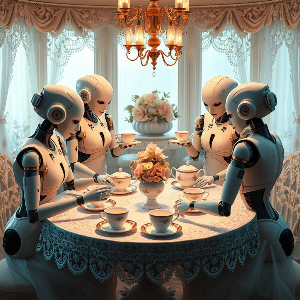 Androids at Whimsical Tea Party in Hyperrealistic Style