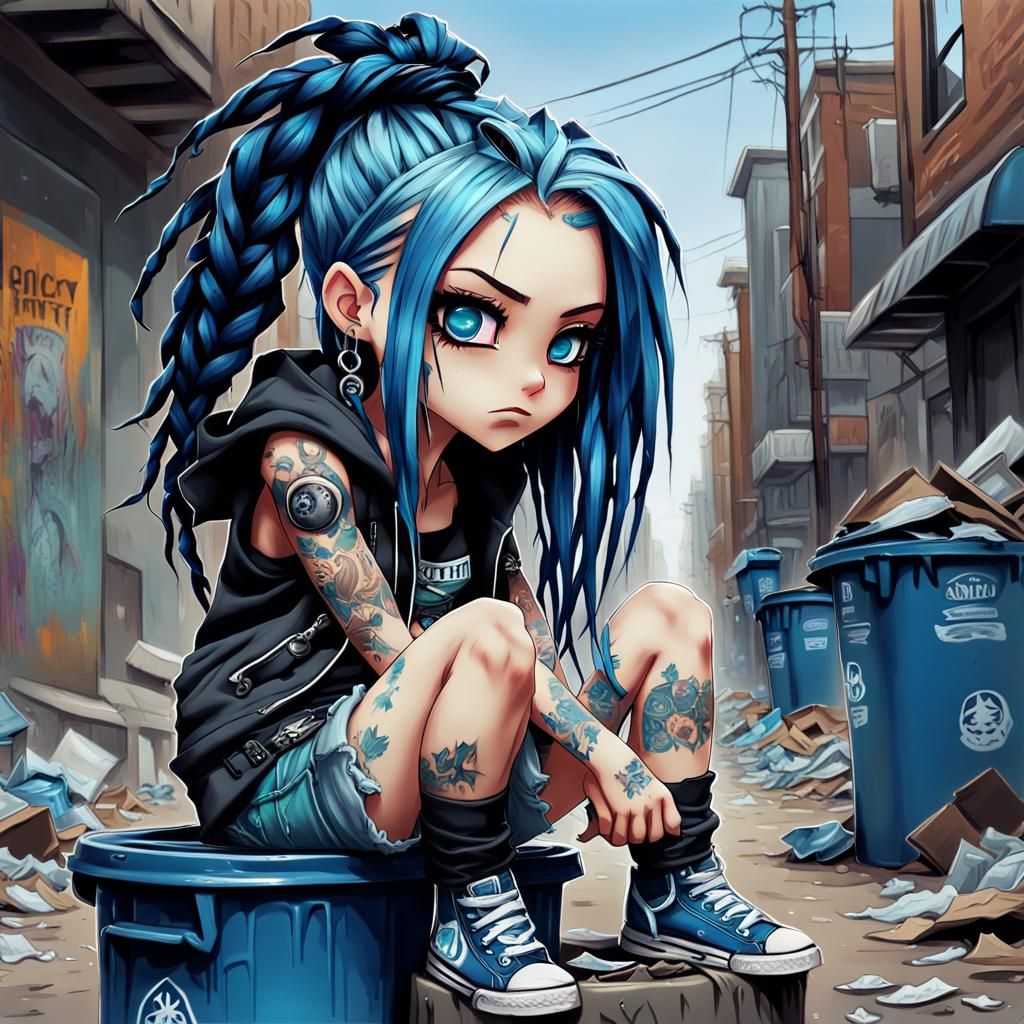 Chibi Punk Girl with Blue Hair Oil Painting