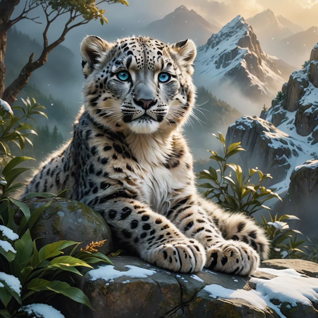 Fluffy Snow Leopard Cub Resting on Misty Ledge