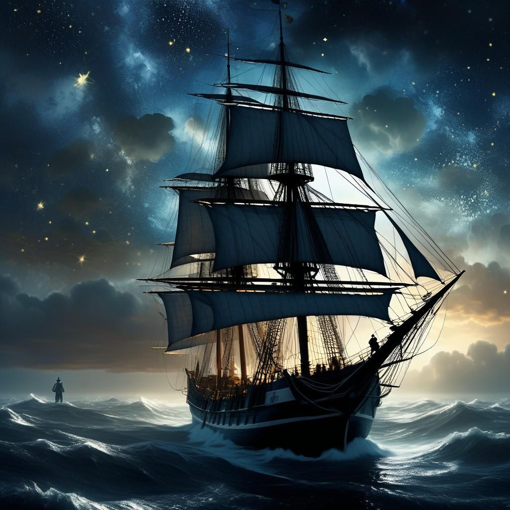 Sailor at Helm of Ship in Stormy Sea