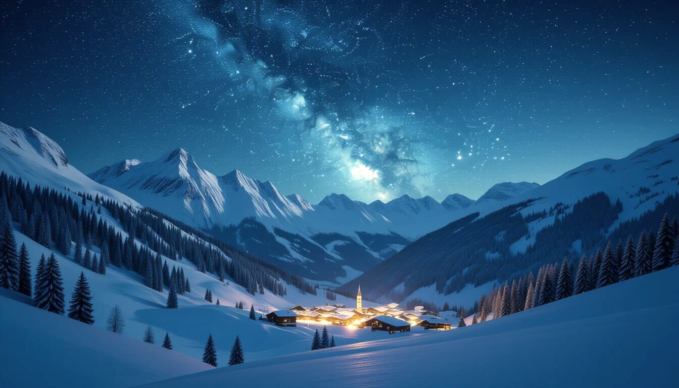 Snowy Swiss Alps Village Under Milky Way Sky