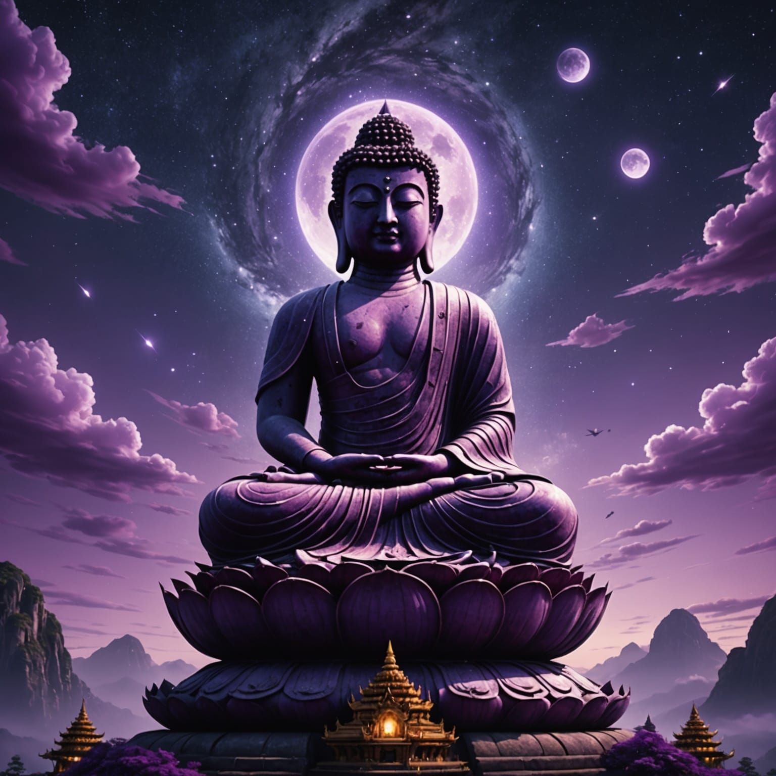 Buddha Flies in Purple Night Sky: Digital Art