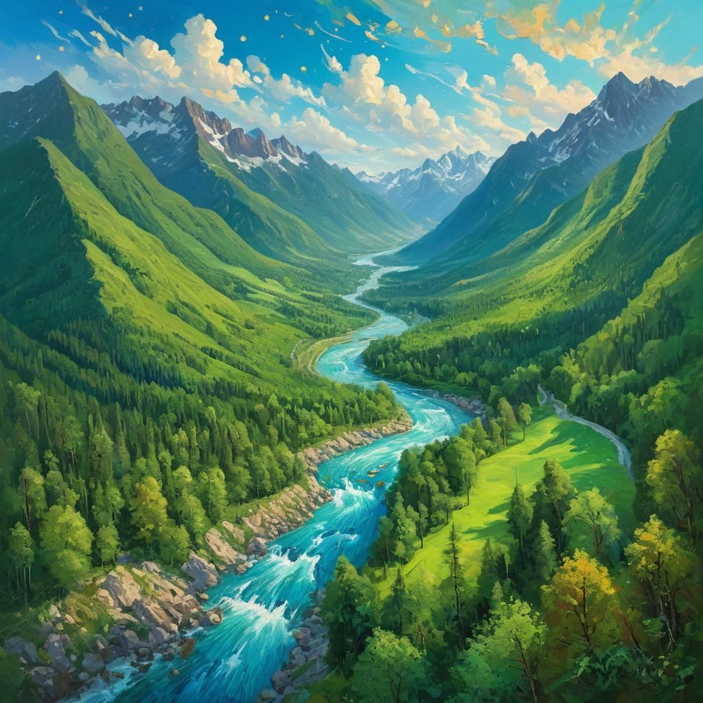 Lush Mountain Range Painting in Impasto Style