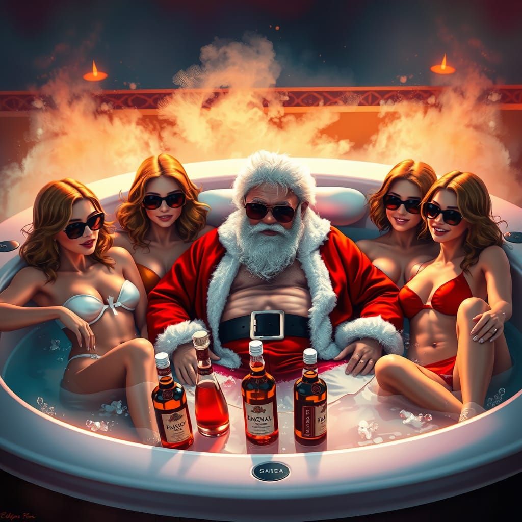 Santa Claus Relaxing in Jacuzzi with Women