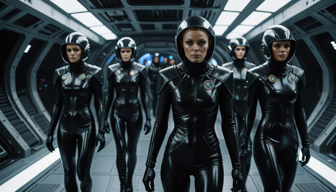 Alien Space Crew in Latex Suits Prepare for Wormhole Mission