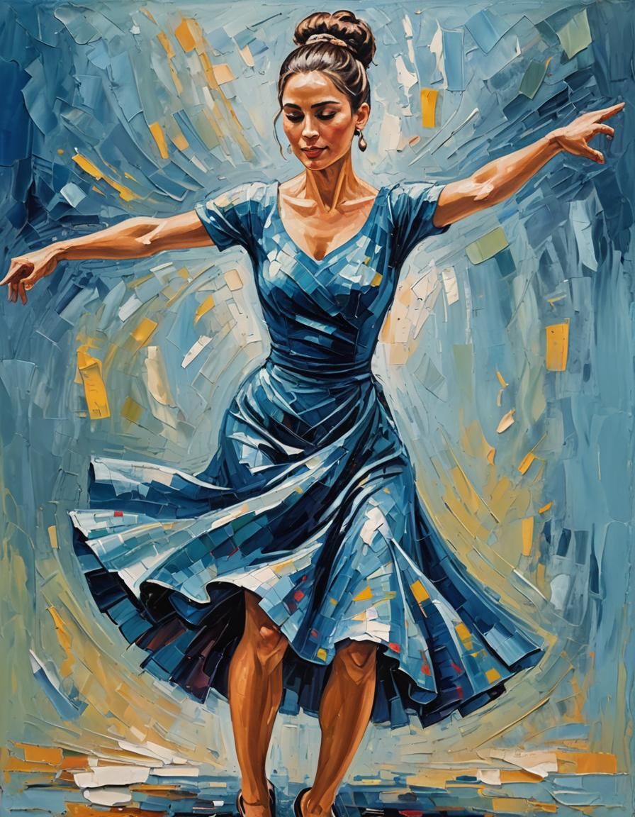 Brunette Woman Dancing Passionately, Expressionist Oil Paint...