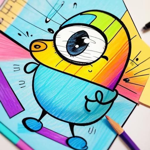 Whimsical Cartoon Character Surrounded by Colorful Sketches