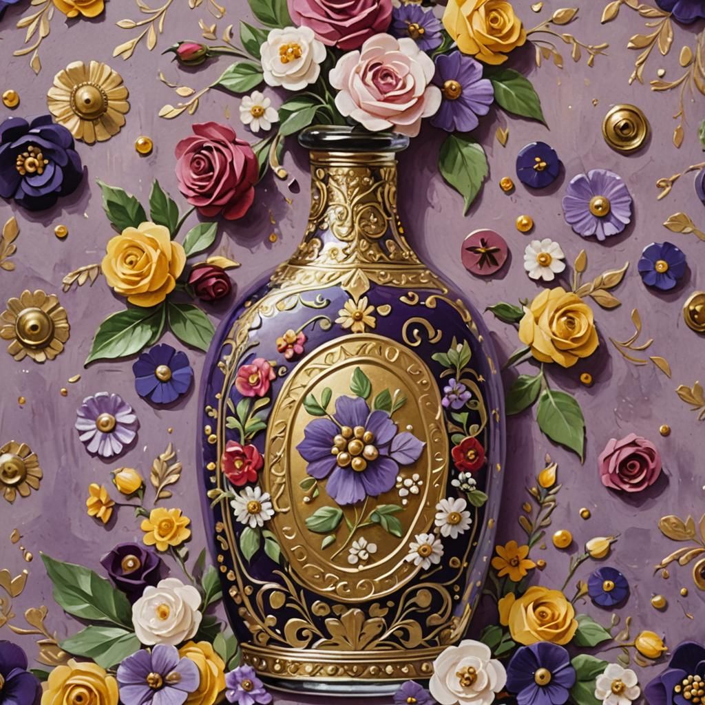 Ornate Elliptical Mexican Bottle in Gouache Masterpiece