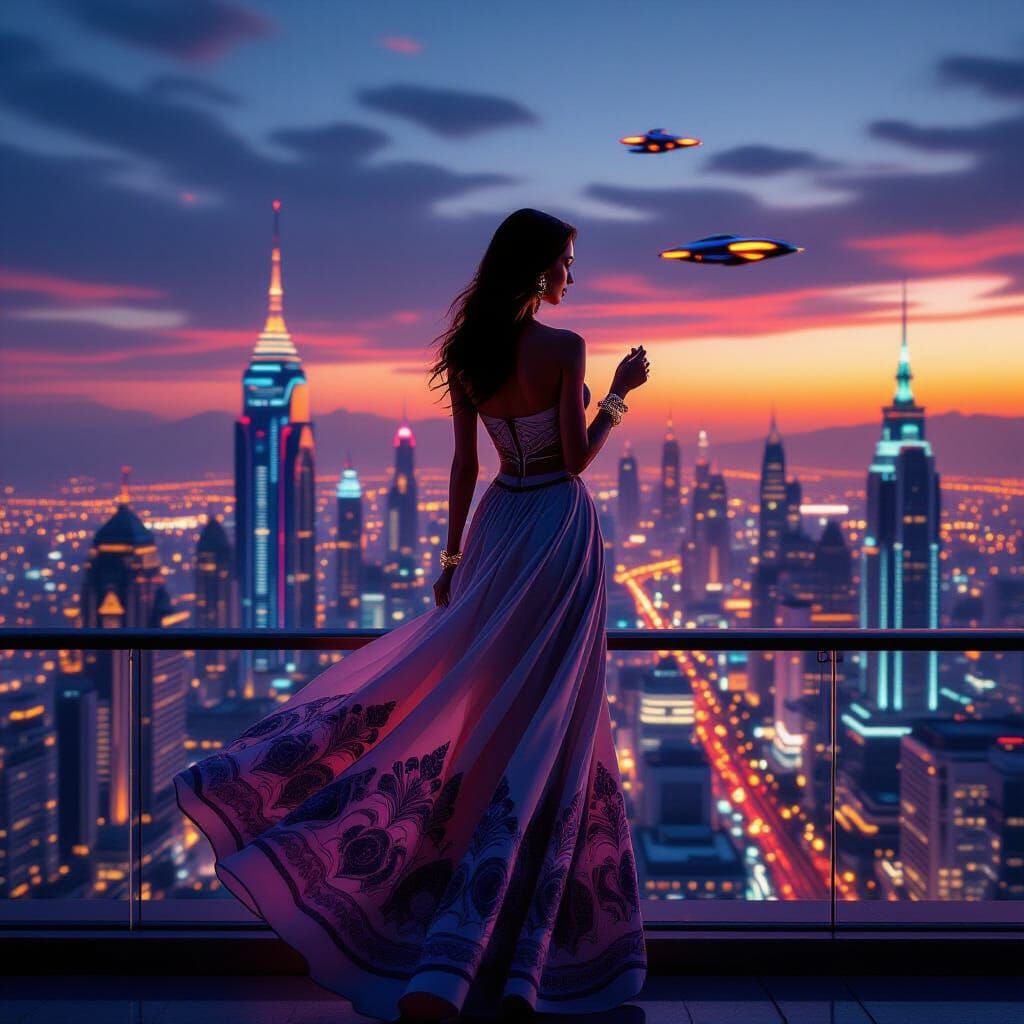 Woman on Balcony Overlooking Retro-Futuristic City at Dusk