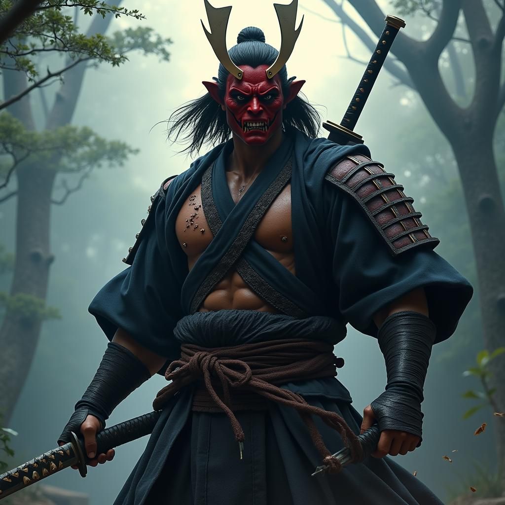Menacing Samurai Warrior with Oni Mask