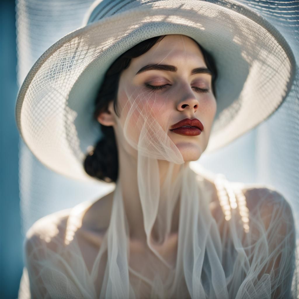 A serene and dreamy portrait of a dark beard woman, with her...