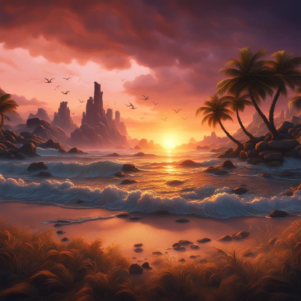 Colorful Sunset Beach Fantasy Concept Art