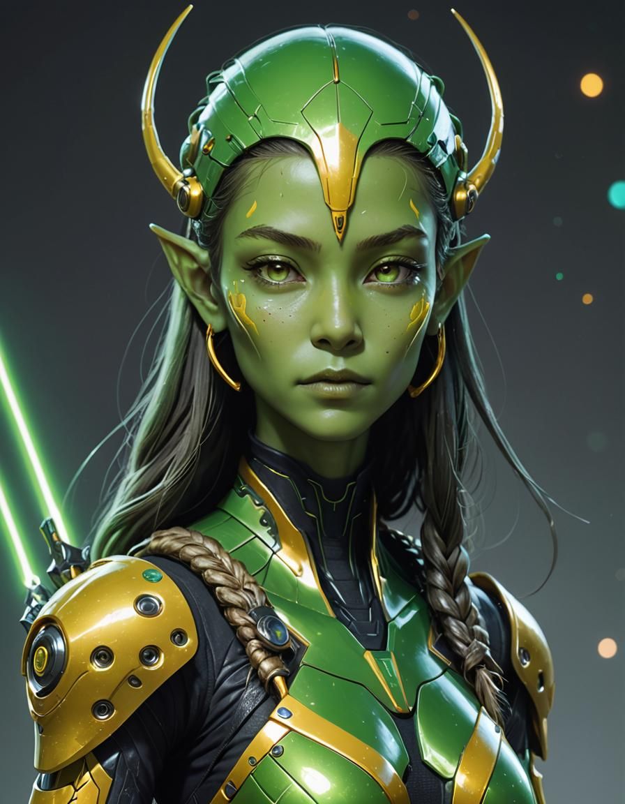 Green Alien Warrior Woman with Glowing Sword in Anime Style