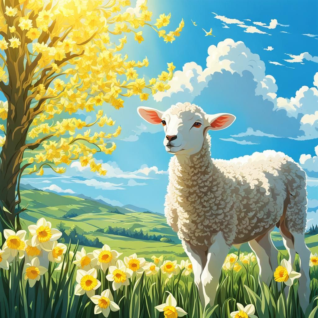 Anime Lamb and Daffodils Landscape