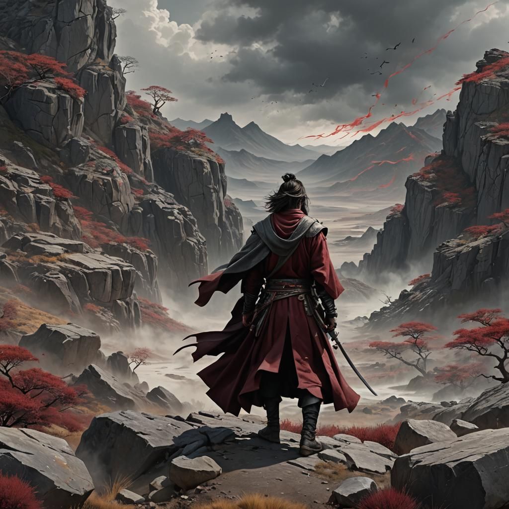 Lone Samurai in Desolate Landscape: Matte Painting