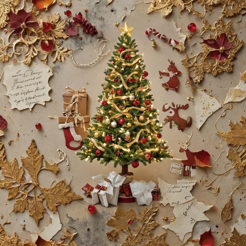 Christmas Day Paper Fragment Illustration with Gold Accents