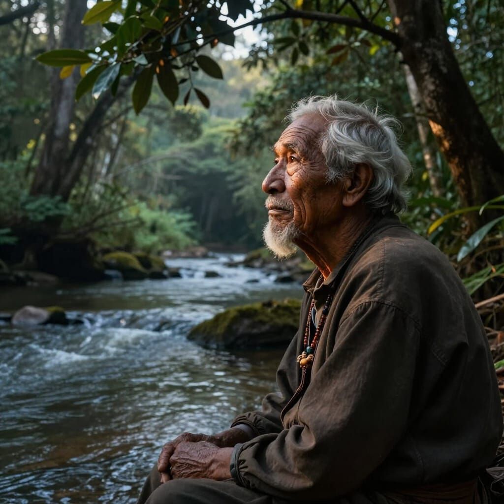 Elder Contemplates Rainforest Dawn by River in Rembrandt Sty...