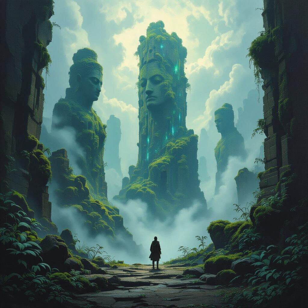 Explorer at Ancient Ruin in Bioluminescent Glow