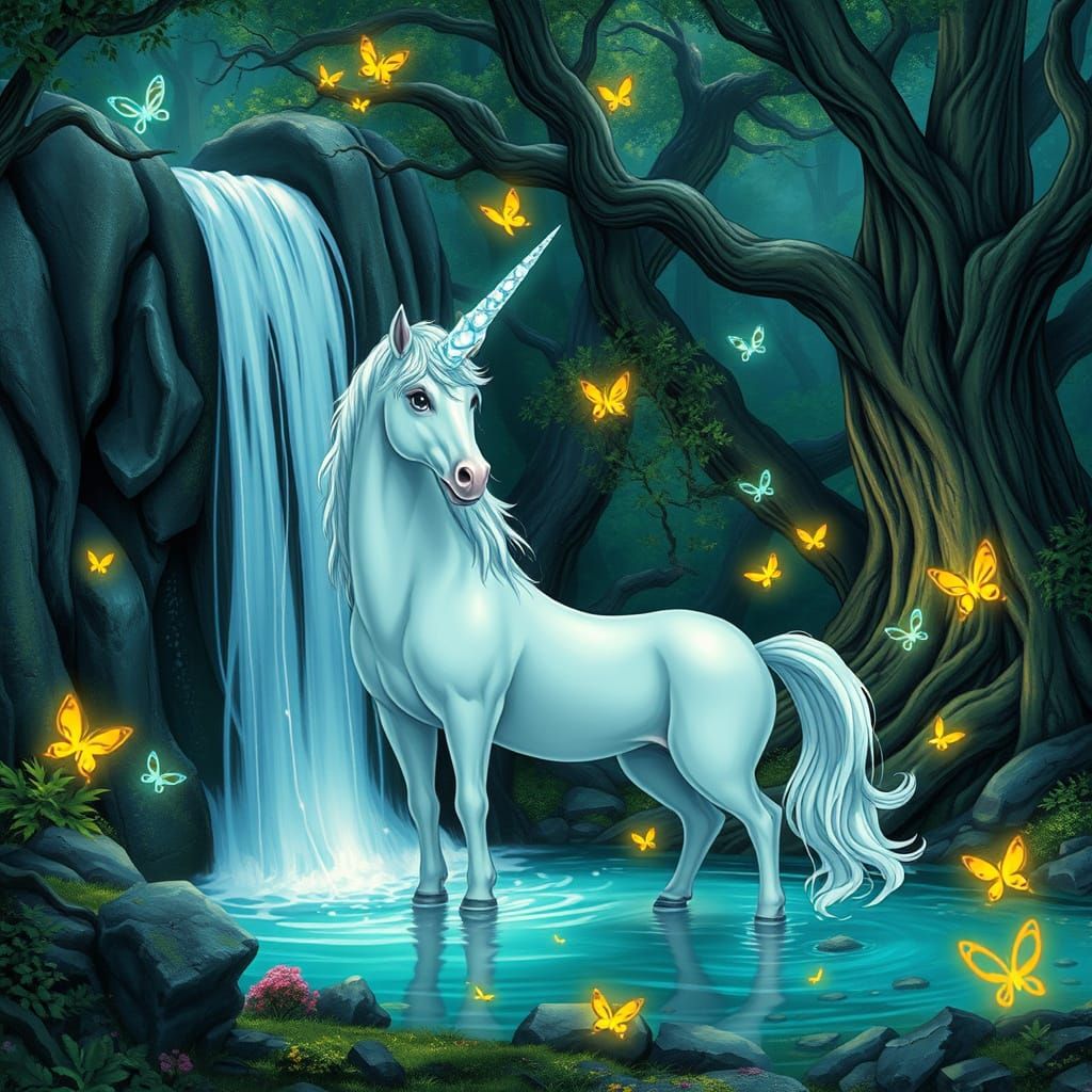 Unicorn in Ghibli Forest with Crystal Antlers