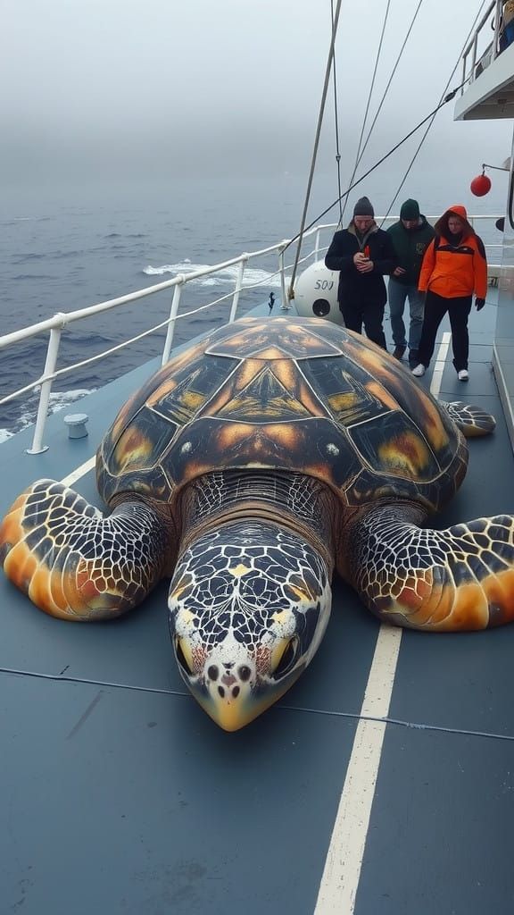 Giant Albino Sea Turtle on Ship Deck in Natural Marine Envir...