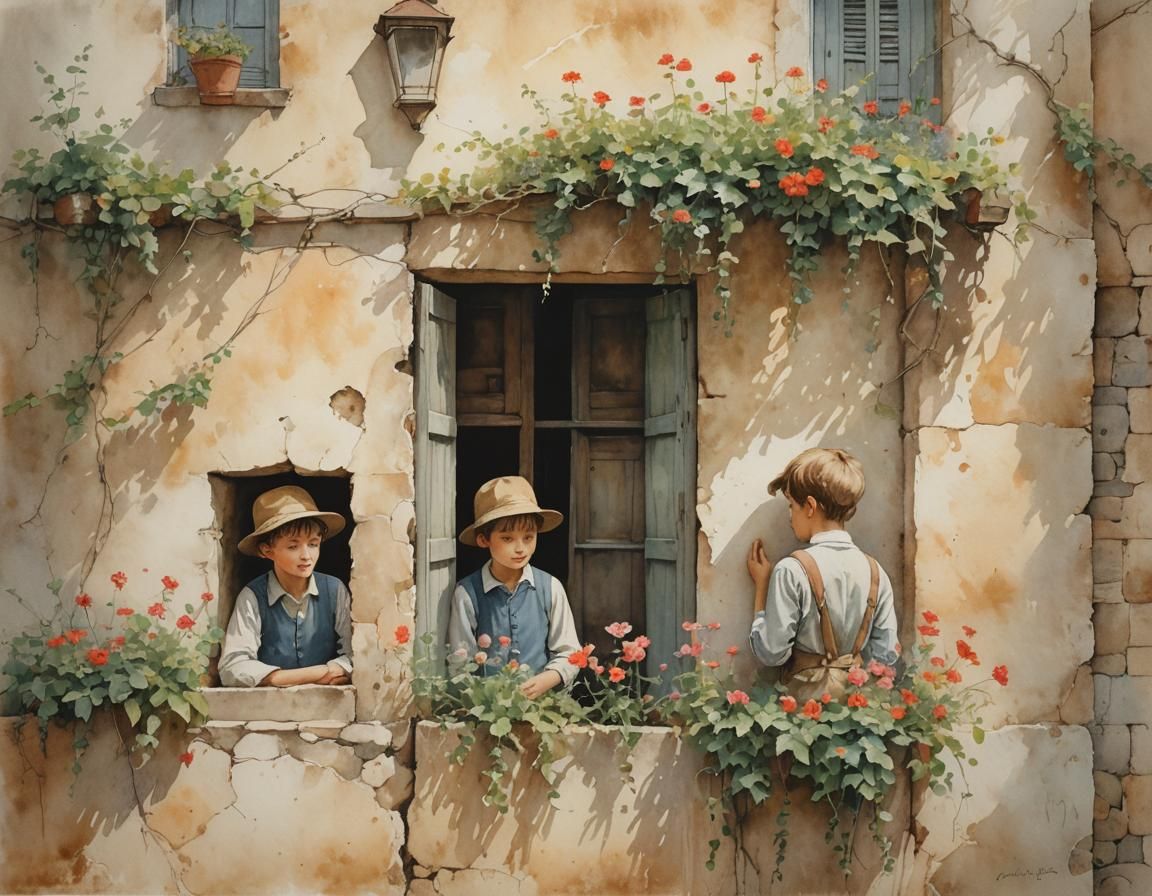 Boys Hide After Breaking Window, Watercolor Style