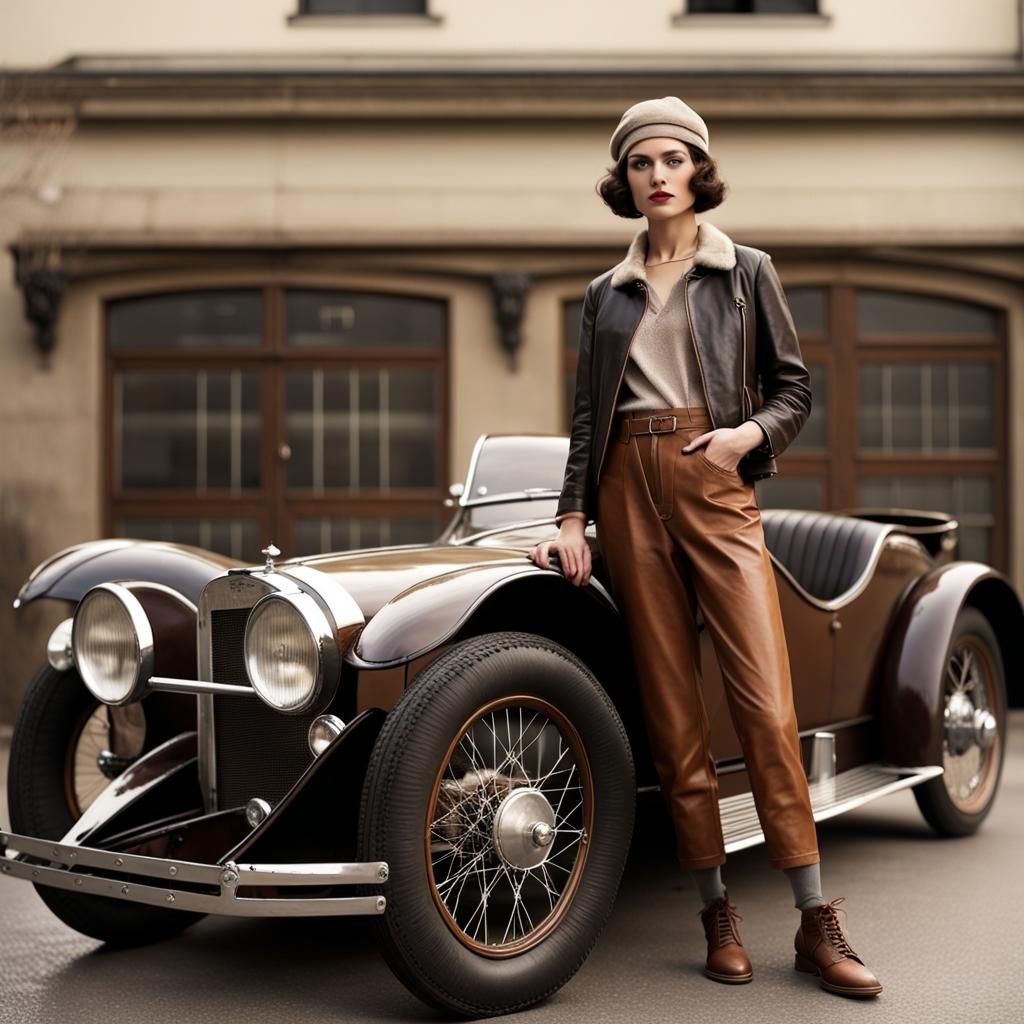 1920s Woman with Sports Car, Retro Photo