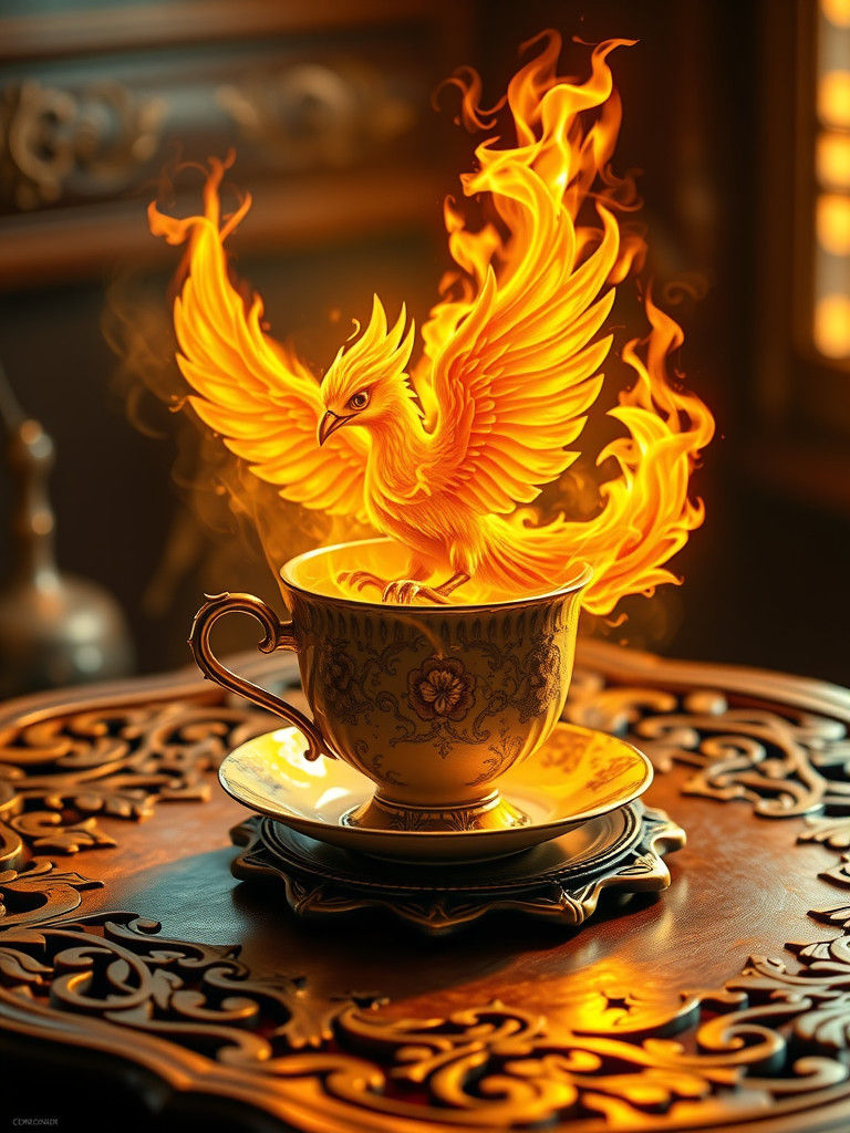 Fiery Phoenix Rising From Antique Teacup