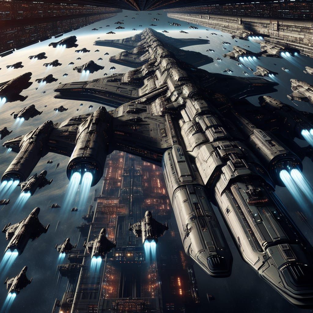 Colossal Spaceships Hovering Above Space Station