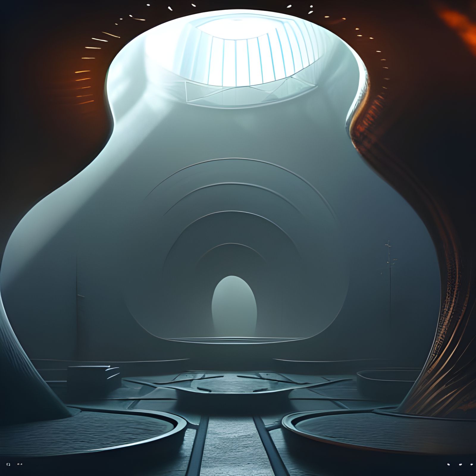 Organic Steel Hall with Waterfall in Dramatic Lighting