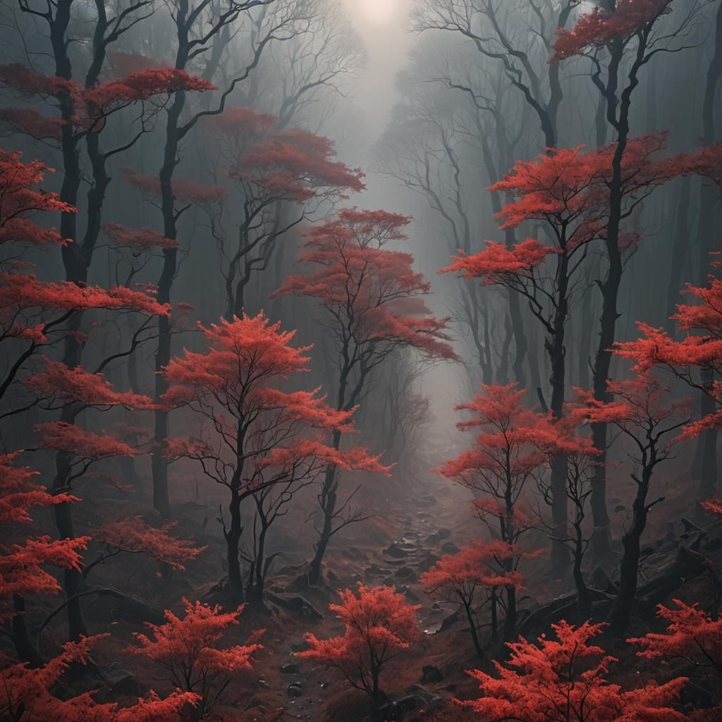 Red Forest with Lights in Fog