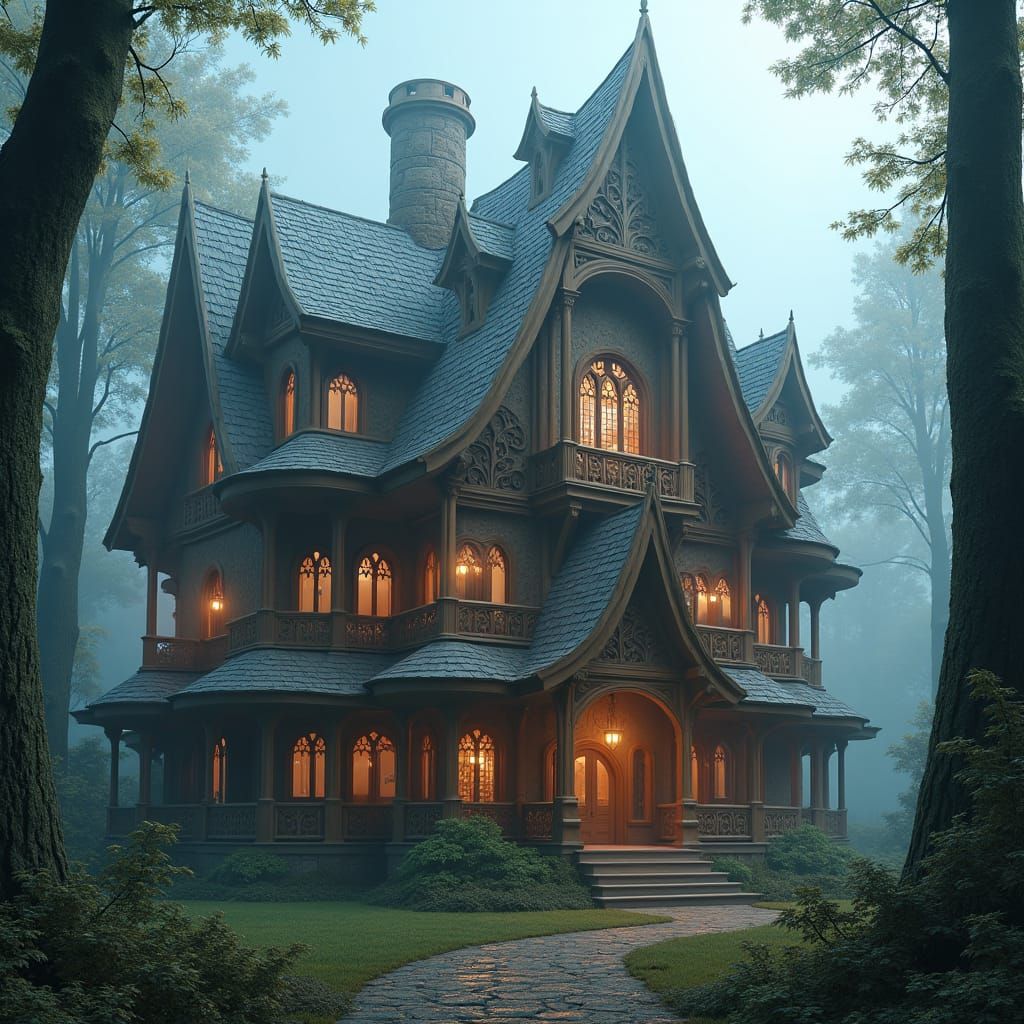 Ethereal Forest Mansion with Glowing Facade