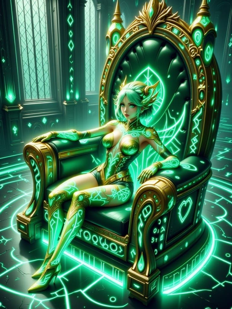 Anime dragon queen sitting on a throne made of green glass. Emerald, gold with aquamarine set in a massive castle. <lora...