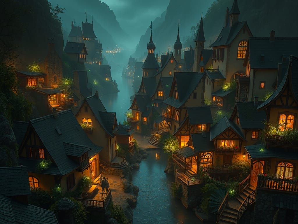 Medieval Village at Night: Bird's Eye View