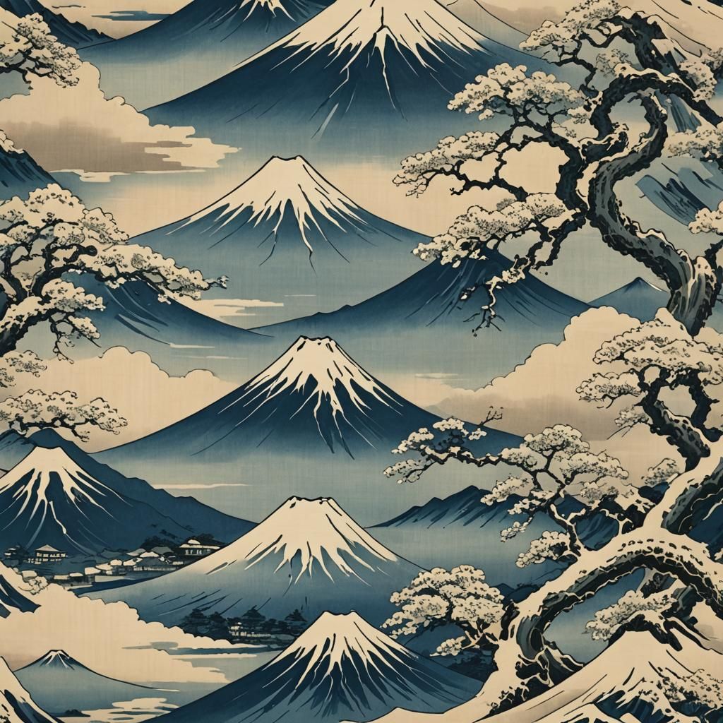Mount Fuji in Japanese Woodblock Print Style