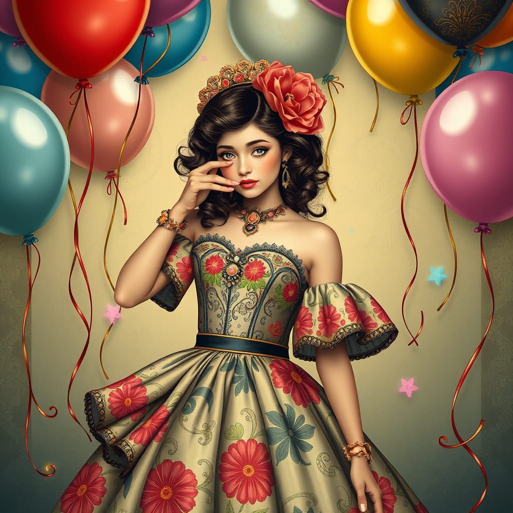 Woman Crying at Party in Art Nouveau Style