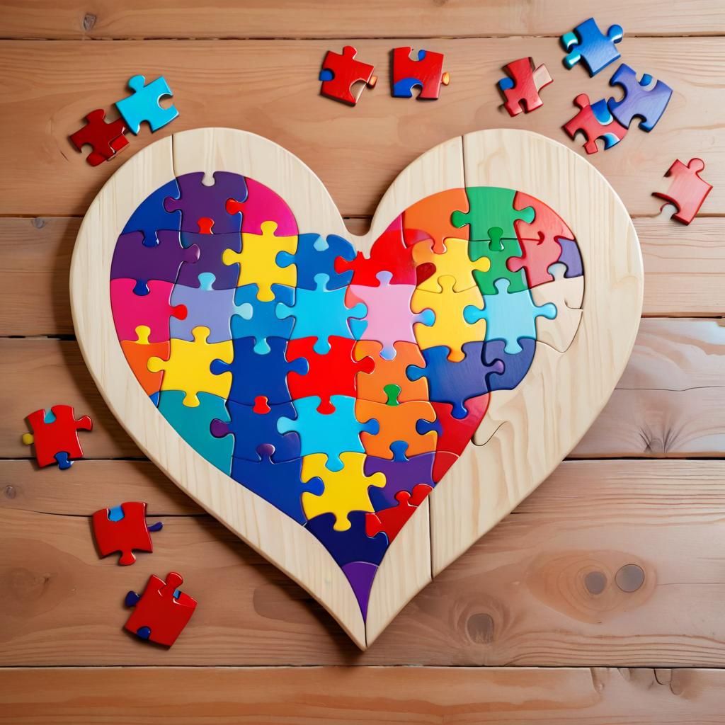 Colorful Puzzle Heart on Wood Table: Autism Awareness