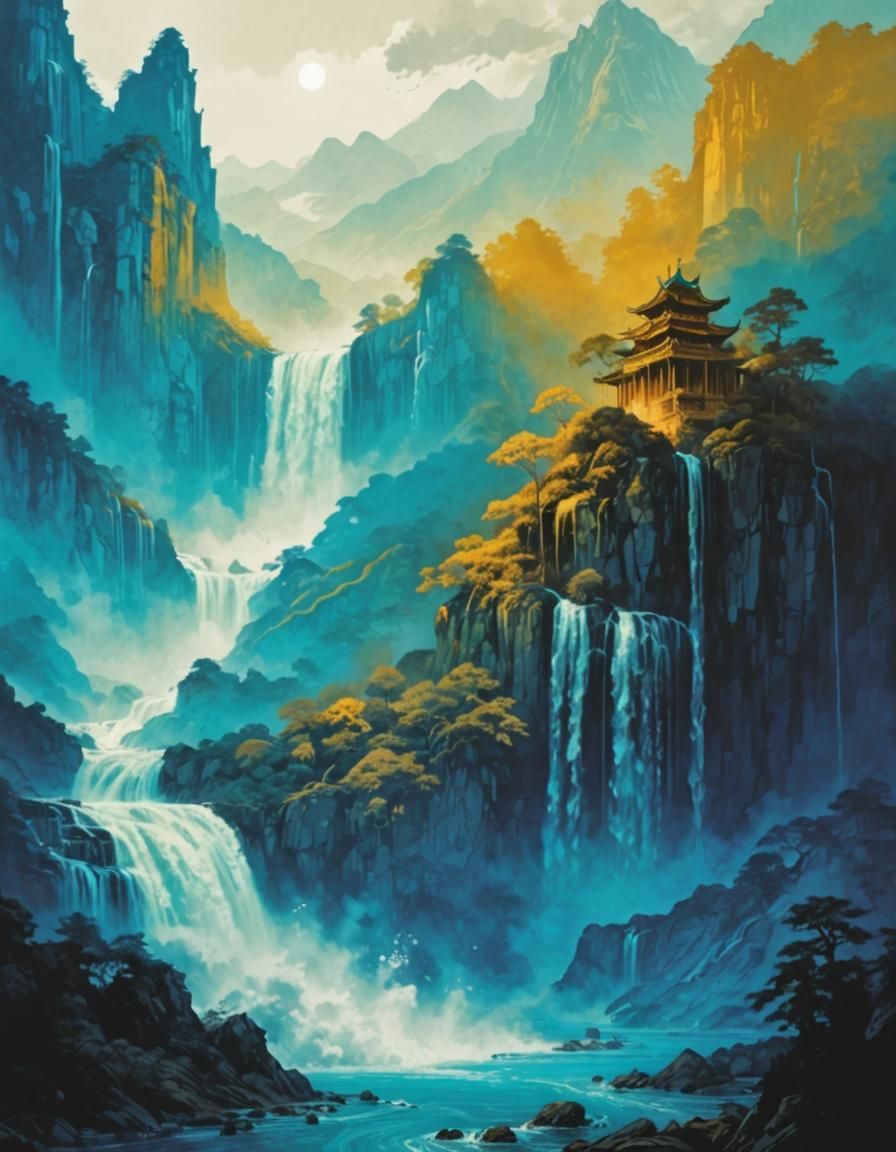 Turquoise Waterfall with Water Creatures, Neo-Impressionist ...