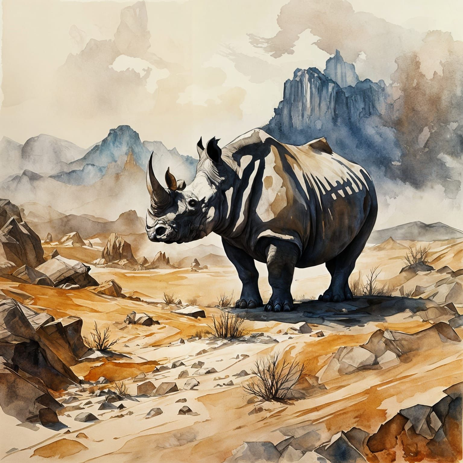 Rhinoceros Double Exposure in Earthy Watercolor Style