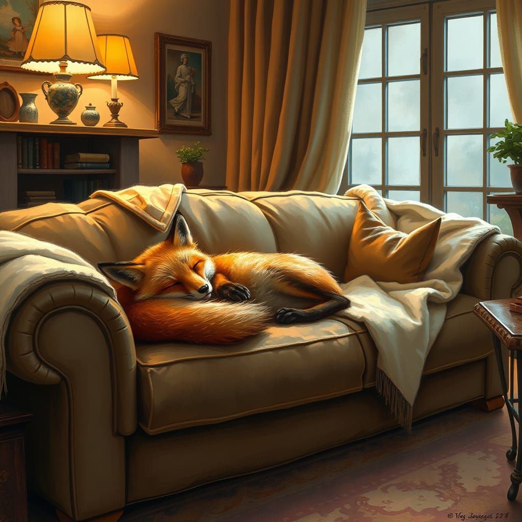 Fox Sleeping on Couch in Impressionist Style