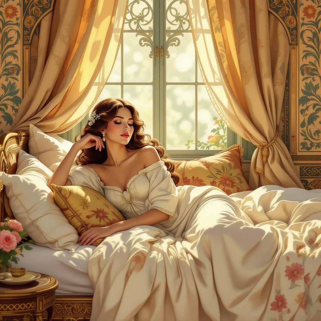 Serene Woman on Bed in Art Nouveau Style