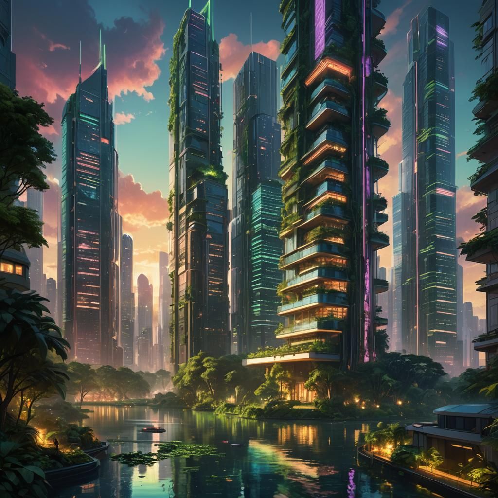 Lush Greenery on Futuristic High-Rise Building