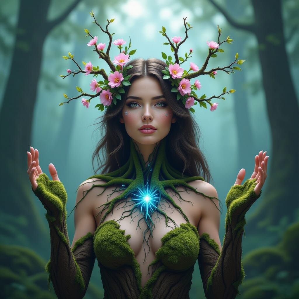 Woman Embodies Living Tree in Mystical Forest