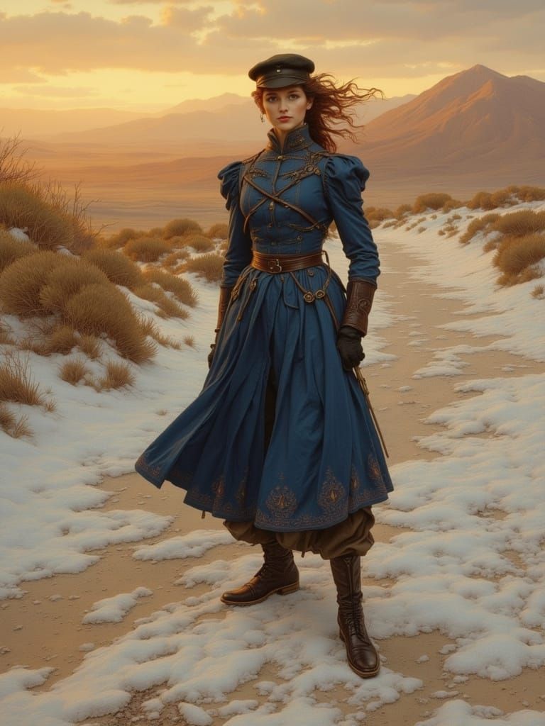 Neoclassical Portrait of Woman in Blue Uniform at Desert Sun...