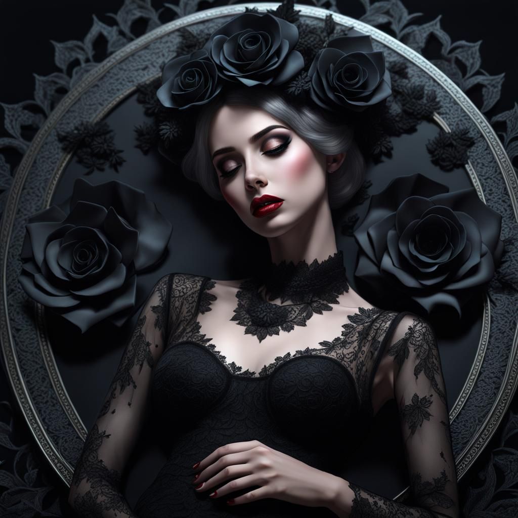 Gothic Girl in Lace Dress Crying on Grave