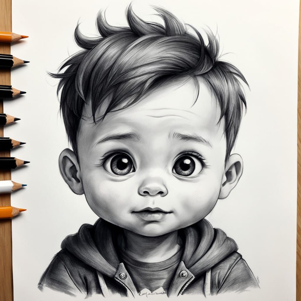 Adorable Cartoon Baby Boy Drawing with Charcoal Pencil