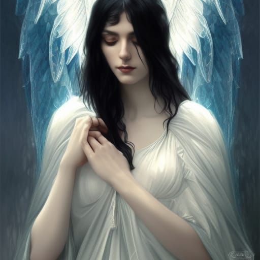 Gothic Angel wearing white dress& long black hair& blue eyes& ethereal vibes