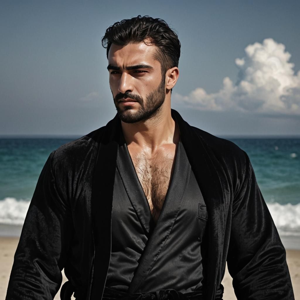 Handsome Man in Velvet Robe, Expressionist Seascape