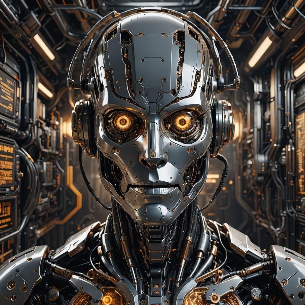 AI Cyborg Reads in Space: A 3D Render