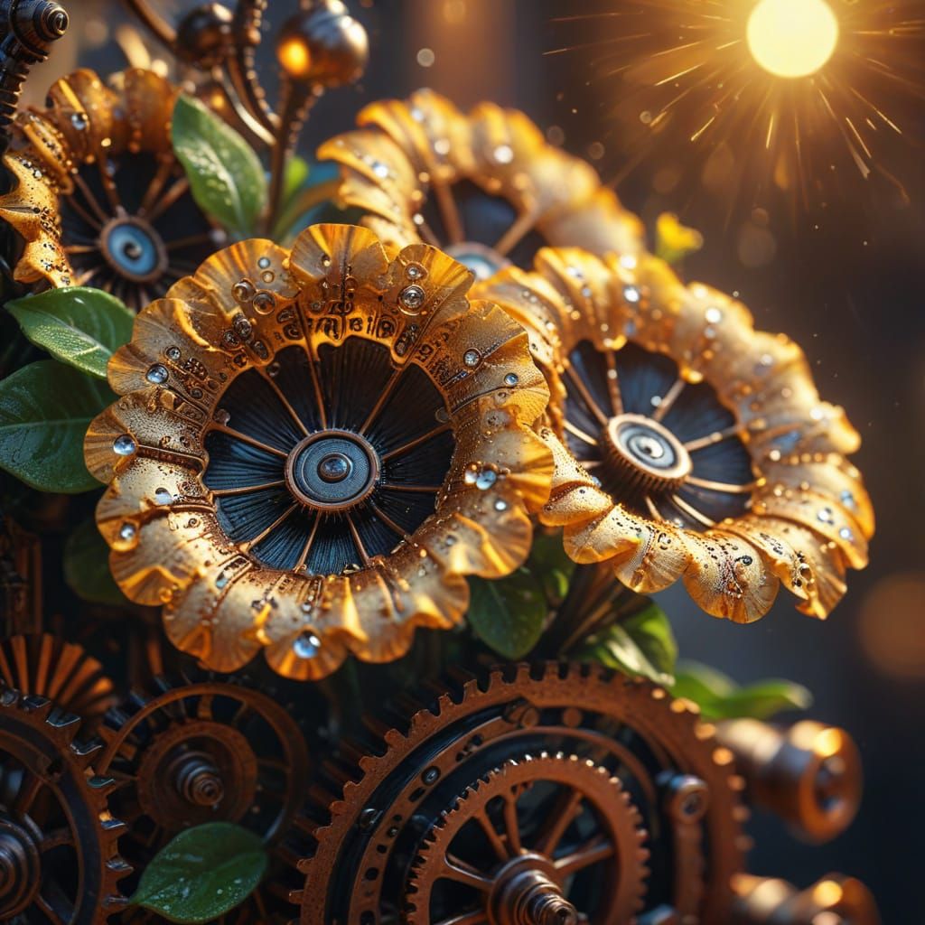 Steampunk Petunia Flowers with Dewdrops in Macro Photography