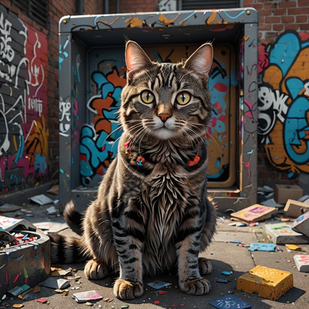 Cartoon Tabby Cat in Graffiti Litter Box